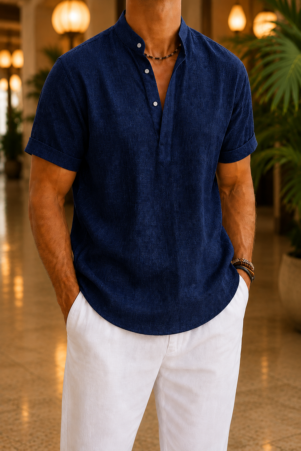Men’s Textured Summer Henley Short Sleeve Shirt