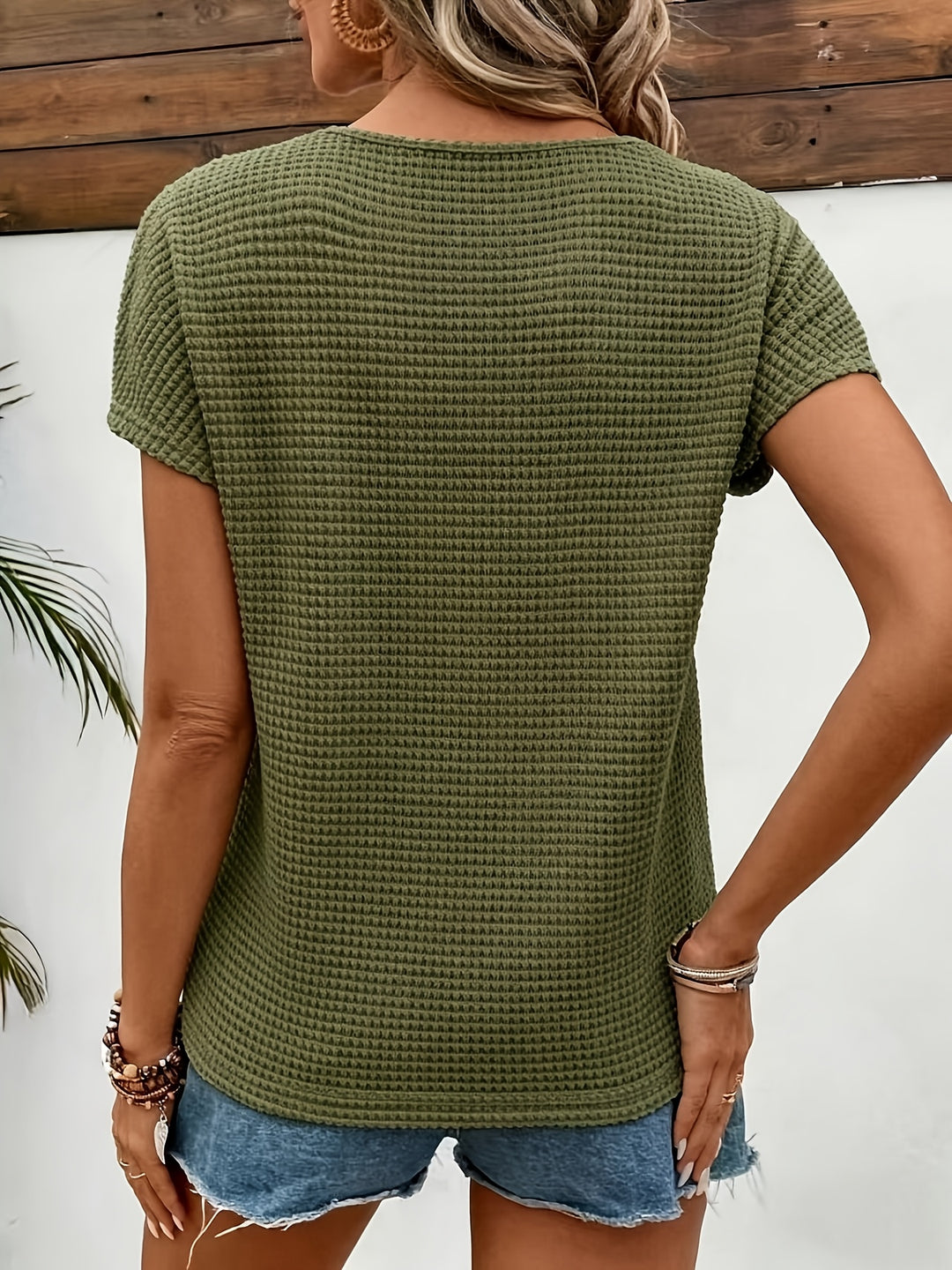 Women's Lace-paneled Waffle Short-sleeve T-shirt