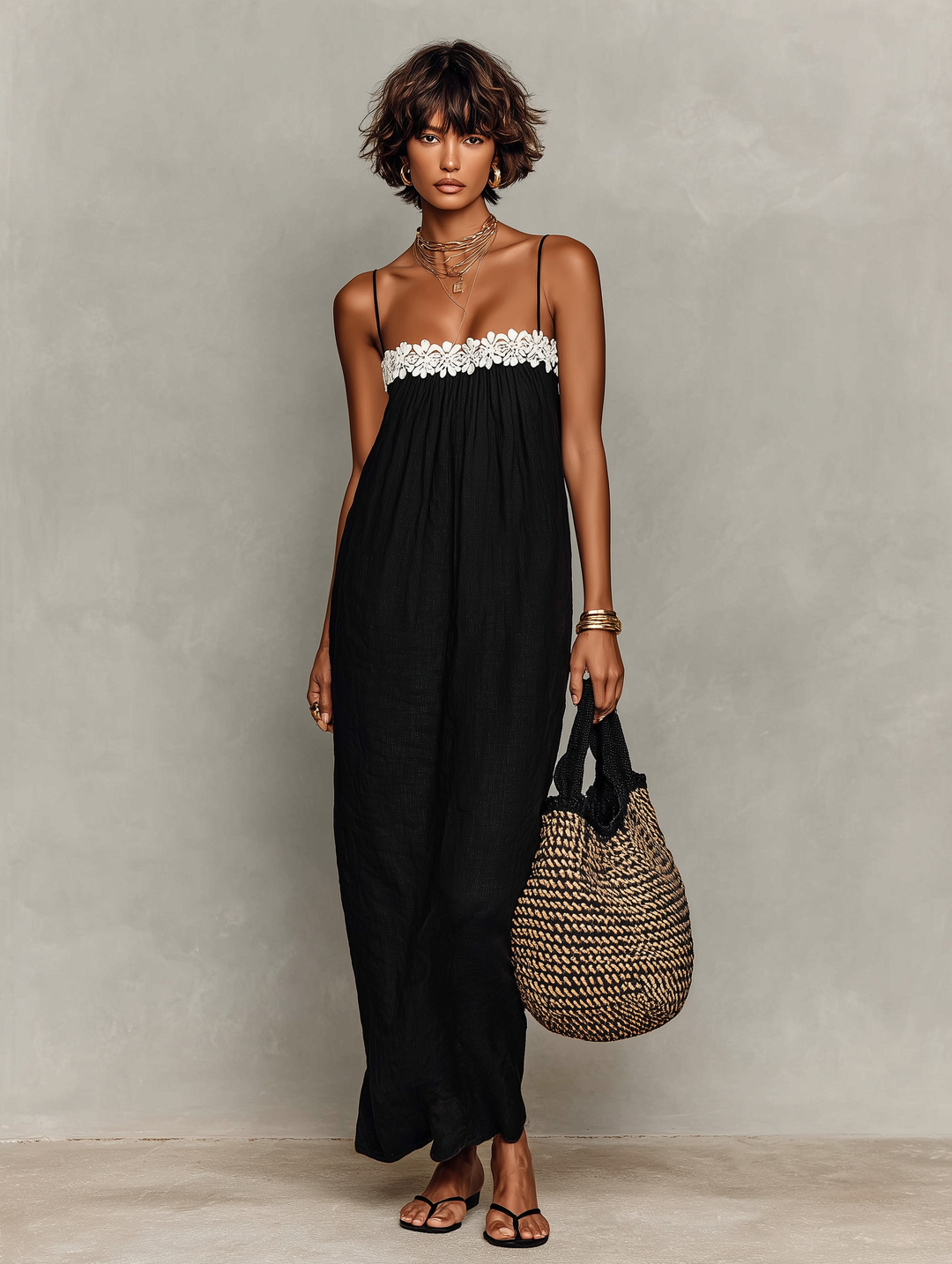 Minimalist Linen Blend Lace-Paneled Maxi Dress