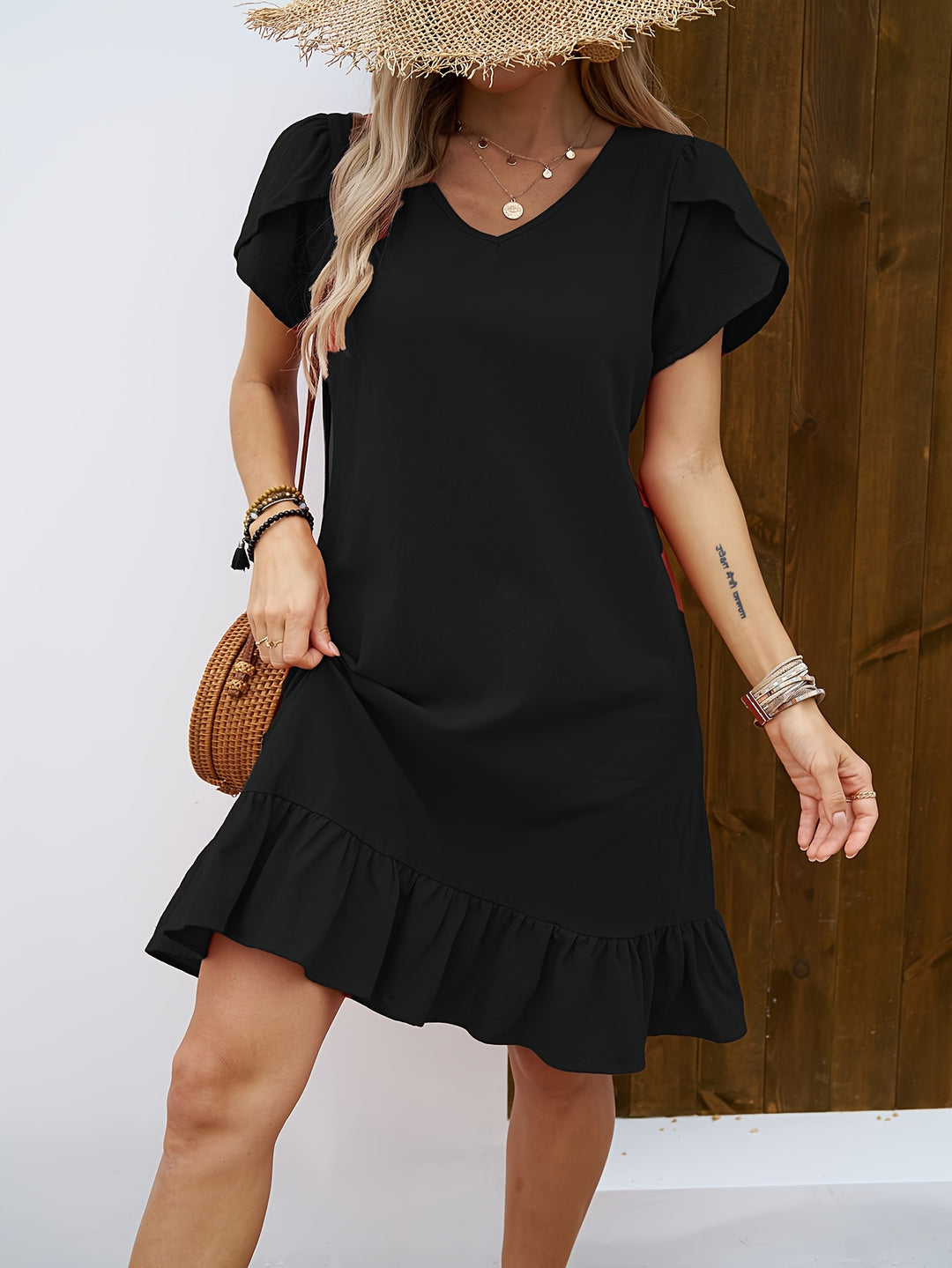 Women's V-Neck Shell Sleeve Ruffle Dress