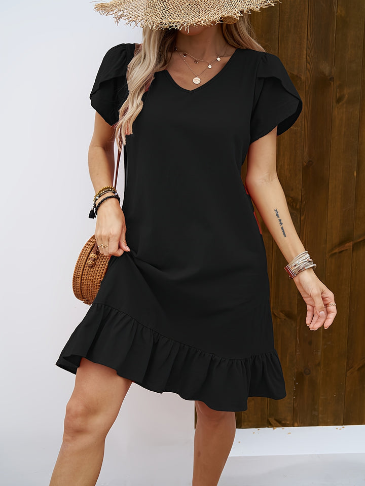 Women's V-Neck Shell Sleeve Ruffle Dress