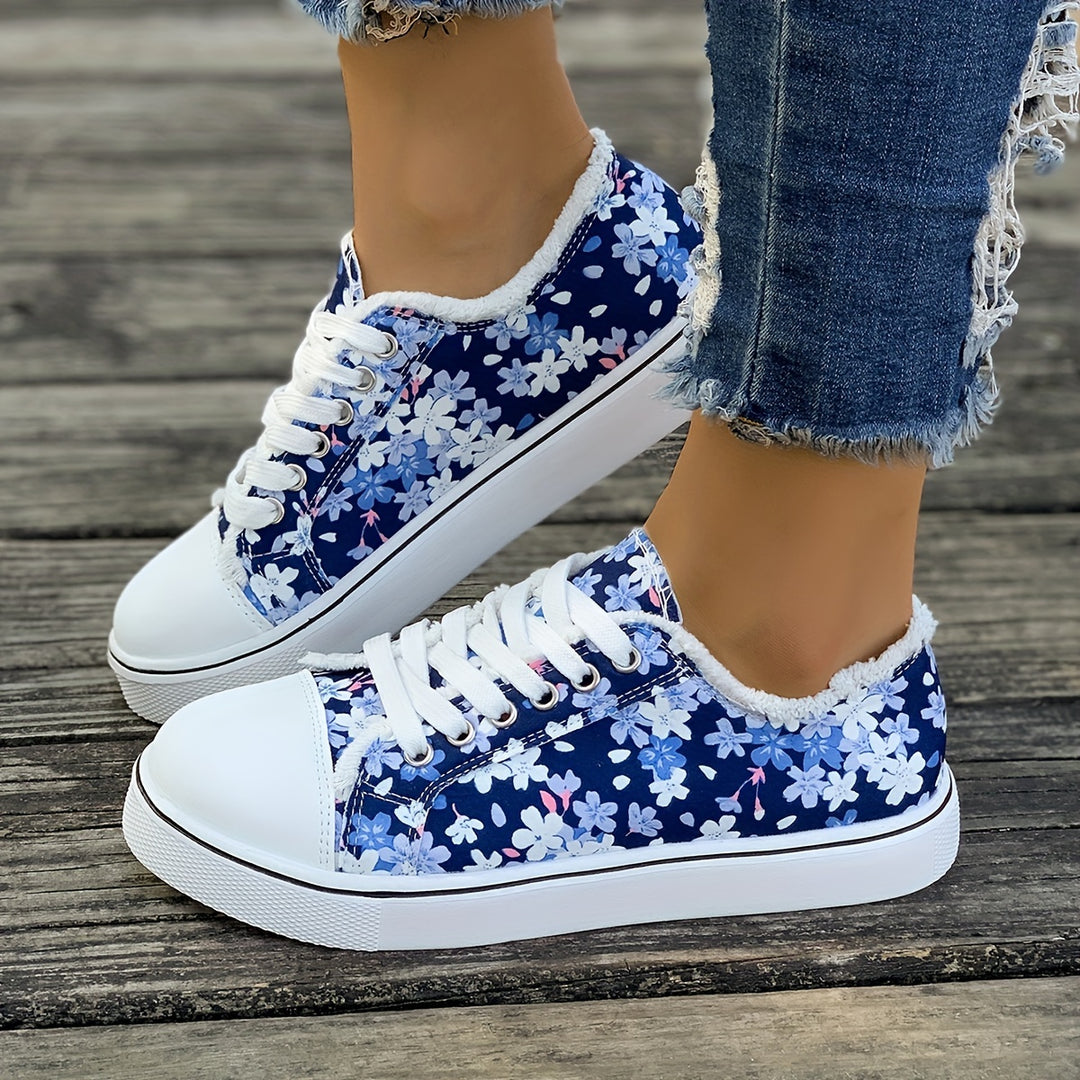 Women's Floral Printed Slip On Lace Up Canvas Sneakers