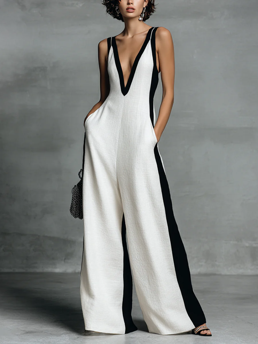 Black-White Color Block Spaghetti Strap Jumpsuit