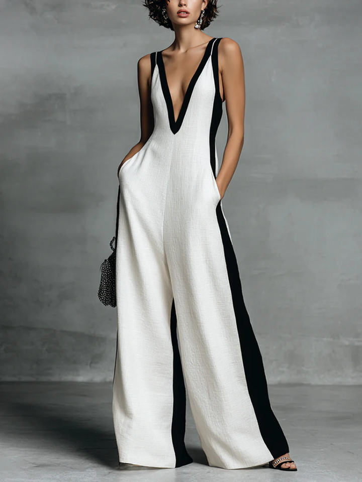 Black-White Color Block Spaghetti Strap Jumpsuit