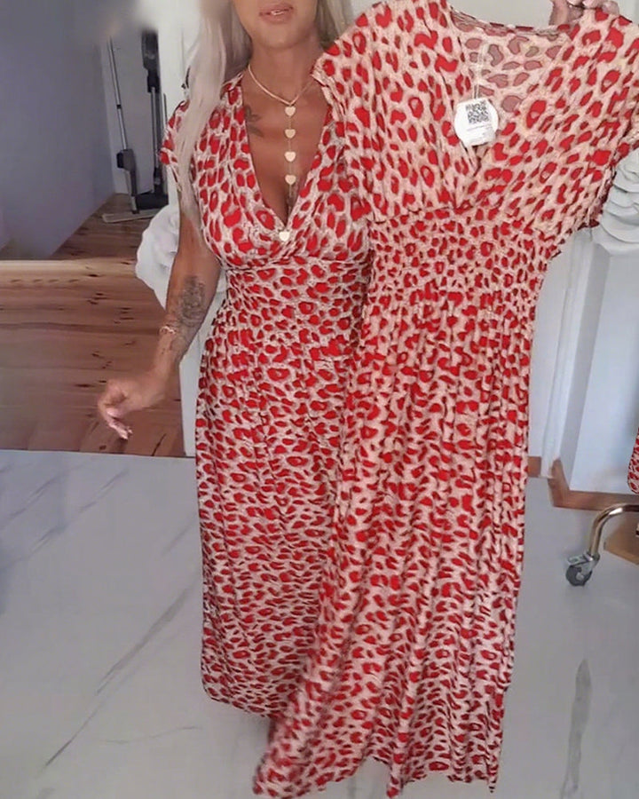 Women's Printed V-Neck Leopard Print Maxi Dress