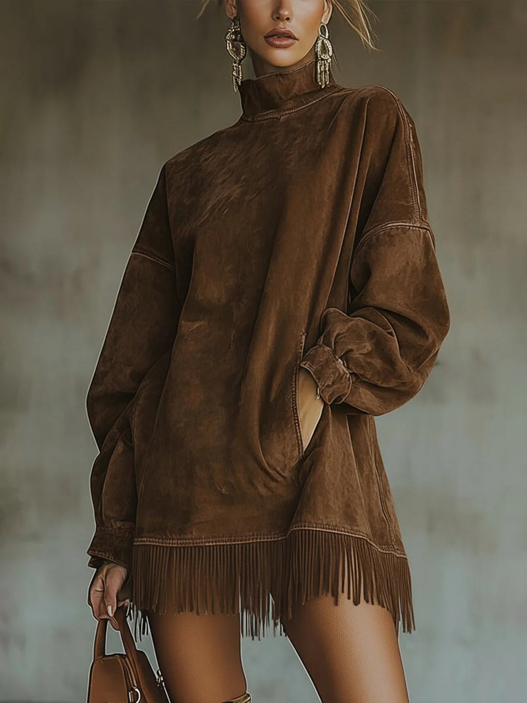 Lila | Women's Faux Suede High-Neck Fringe Dress