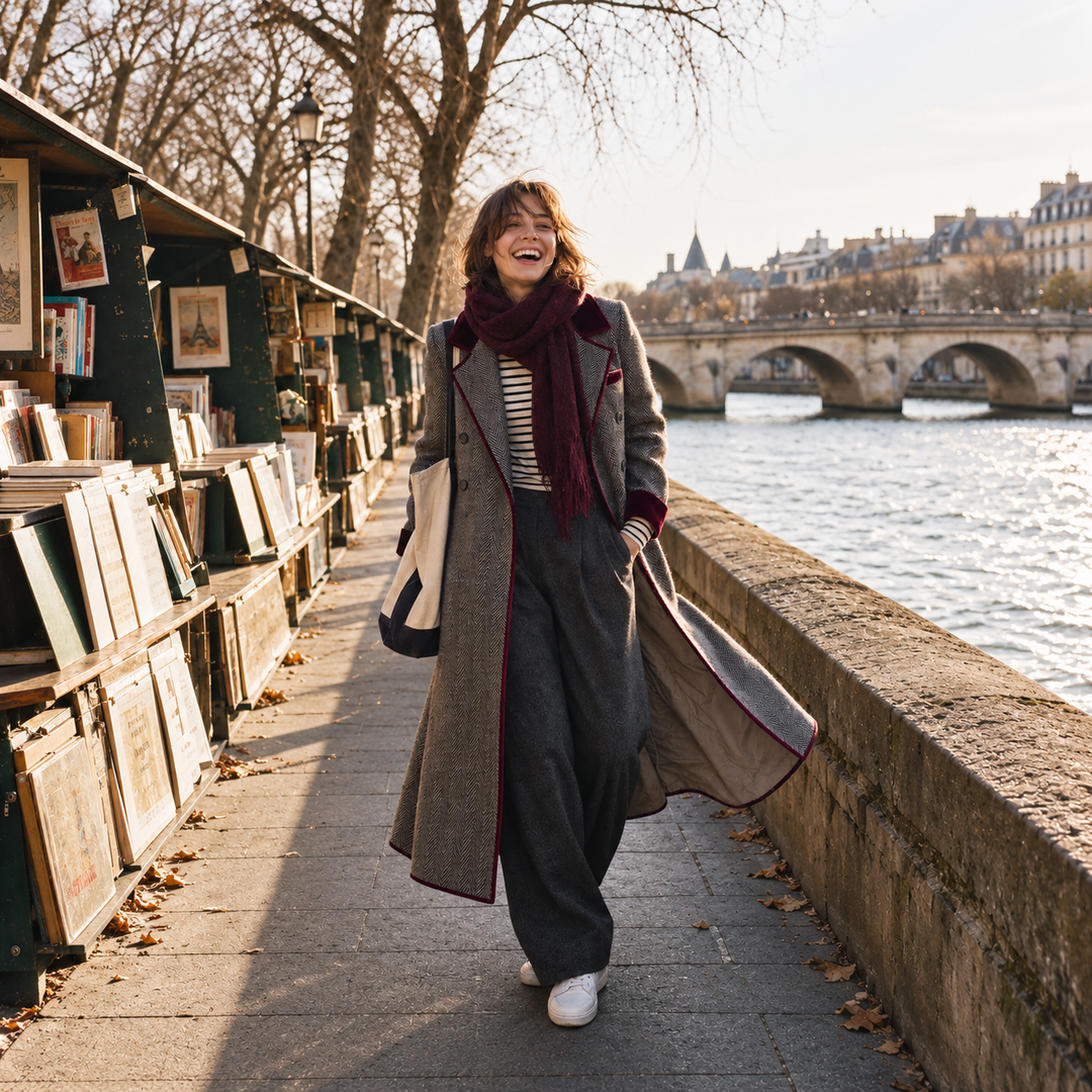 Winifred | Women's Herringbone Wool Long Coat with Velvet Trim