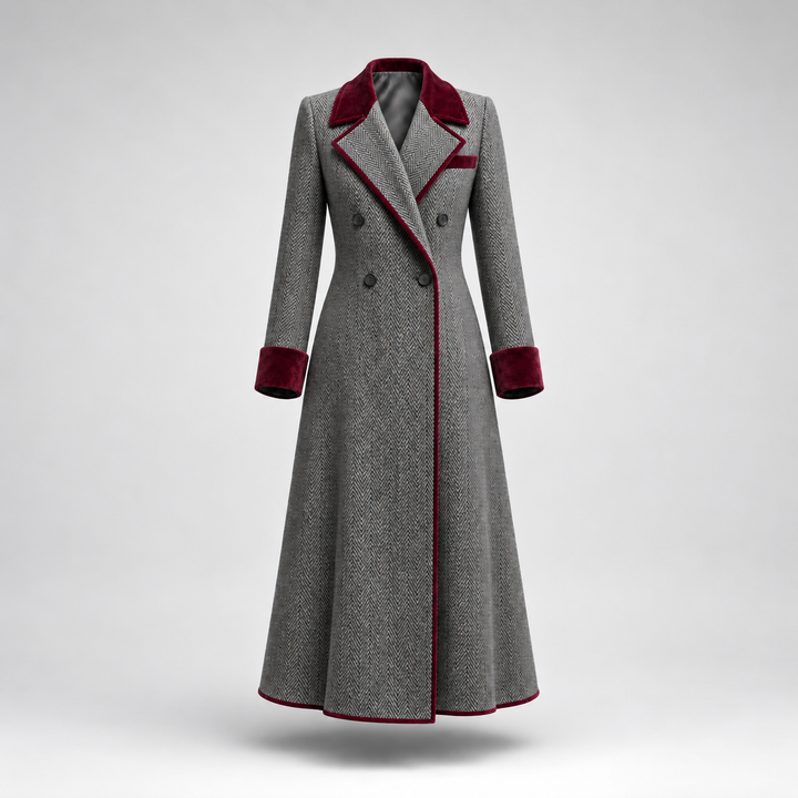 Winifred | Women's Herringbone Wool Long Coat with Velvet Trim