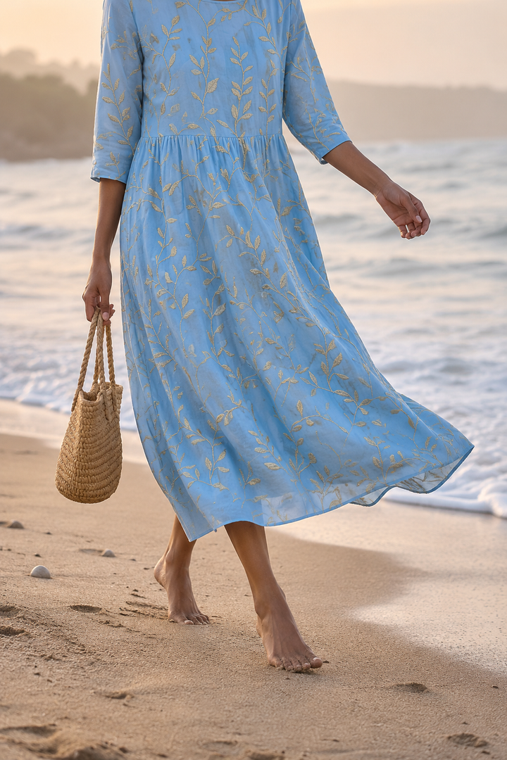 Plant & Flower Print Round Neck Midi Dress