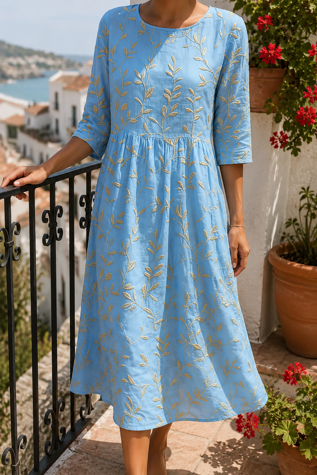Plant & Flower Print Round Neck Midi Dress
