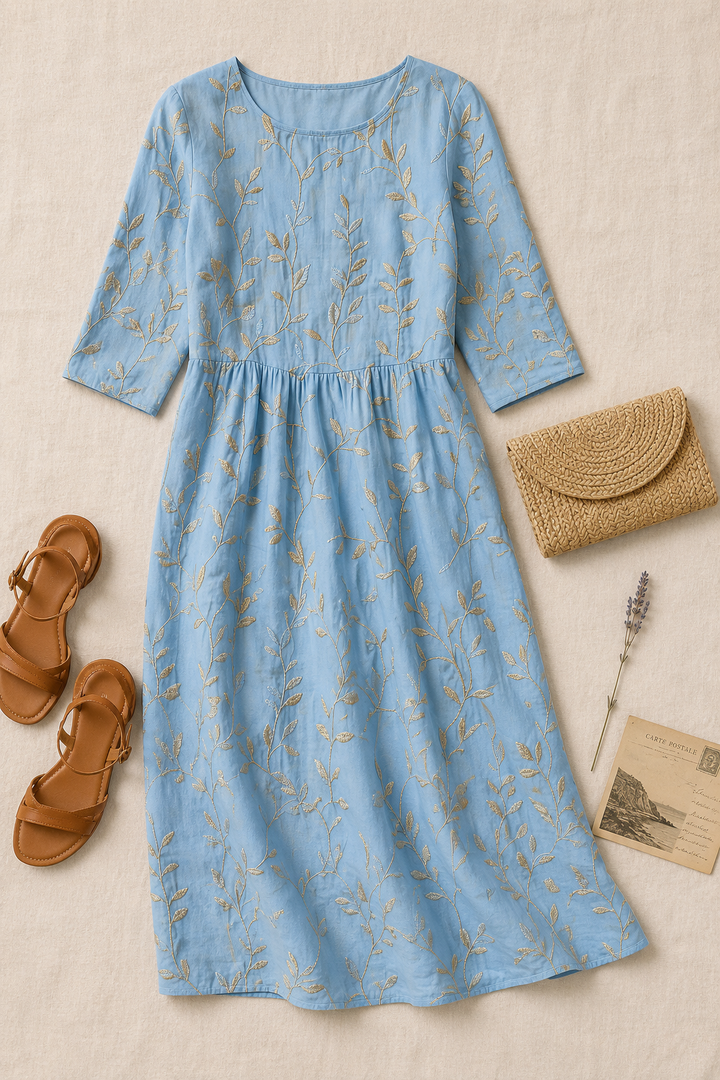Plant & Flower Print Round Neck Midi Dress