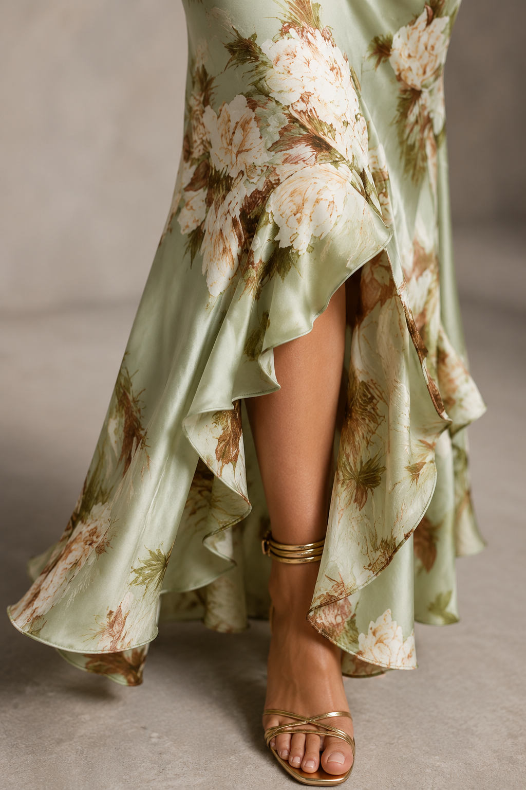 Long asymmetric green satin dress with a V-neckline