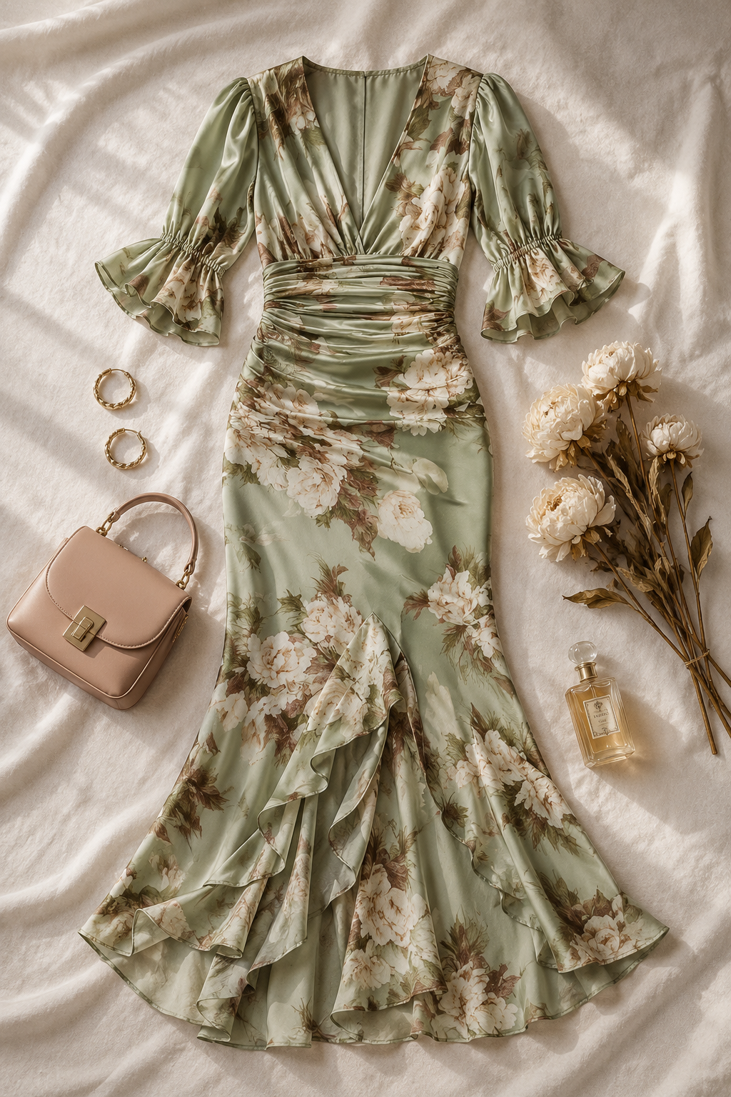 Long asymmetric green satin dress with a V-neckline