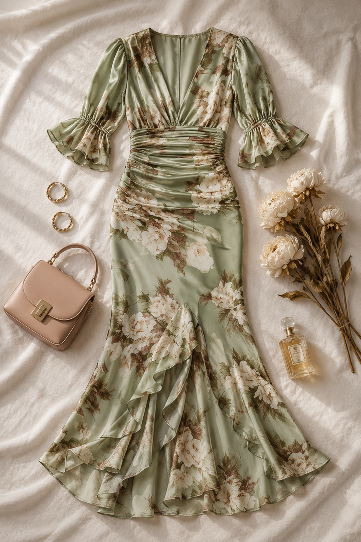 Long asymmetric green satin dress with a V-neckline