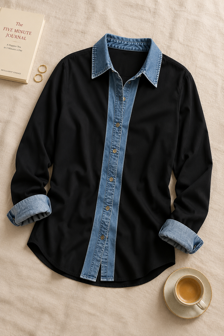 Women's Two-Tone Denim Trim Button-Up Shirt