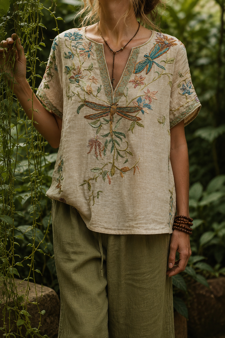 Boho Dragonfly Embroidered Linen Blouse