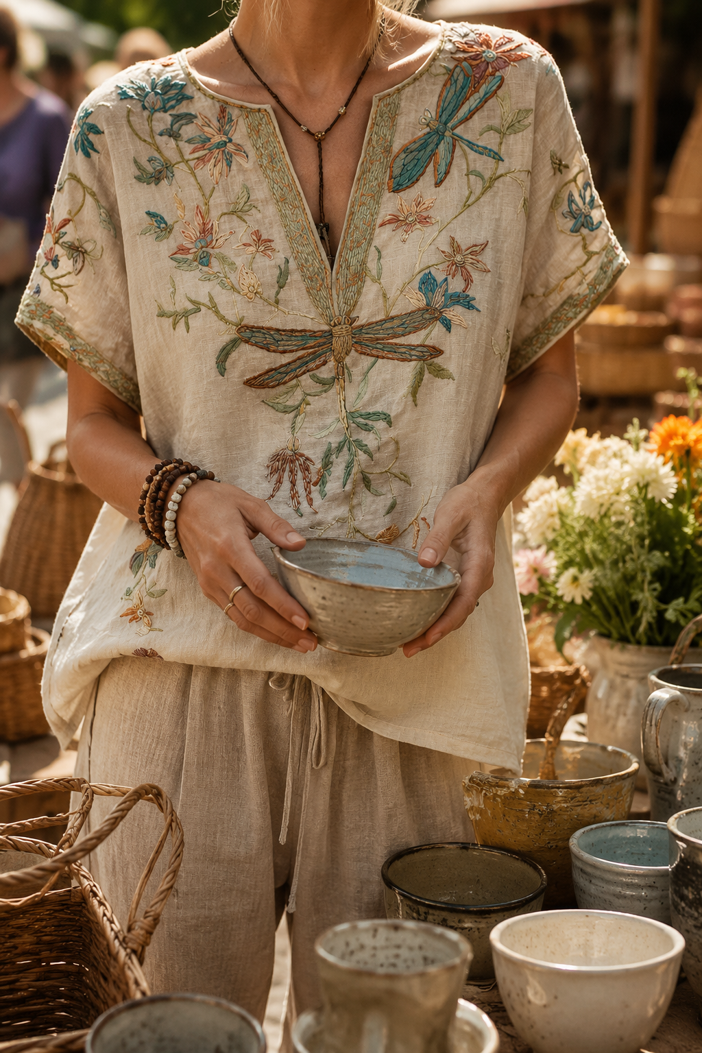 Boho Dragonfly Embroidered Linen Blouse