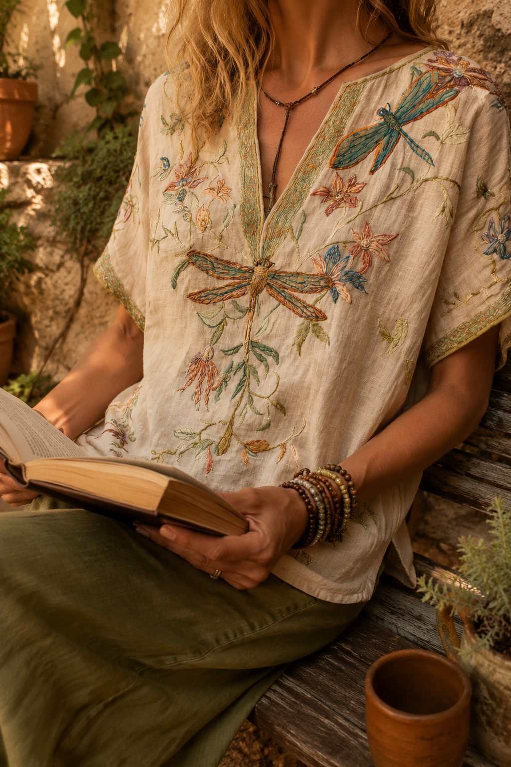 Boho Dragonfly Embroidered Linen Blouse