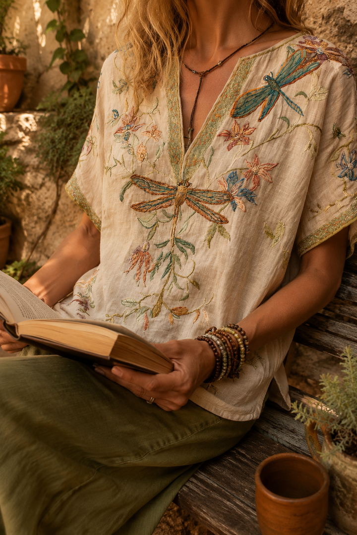 Boho Dragonfly Embroidered Linen Blouse