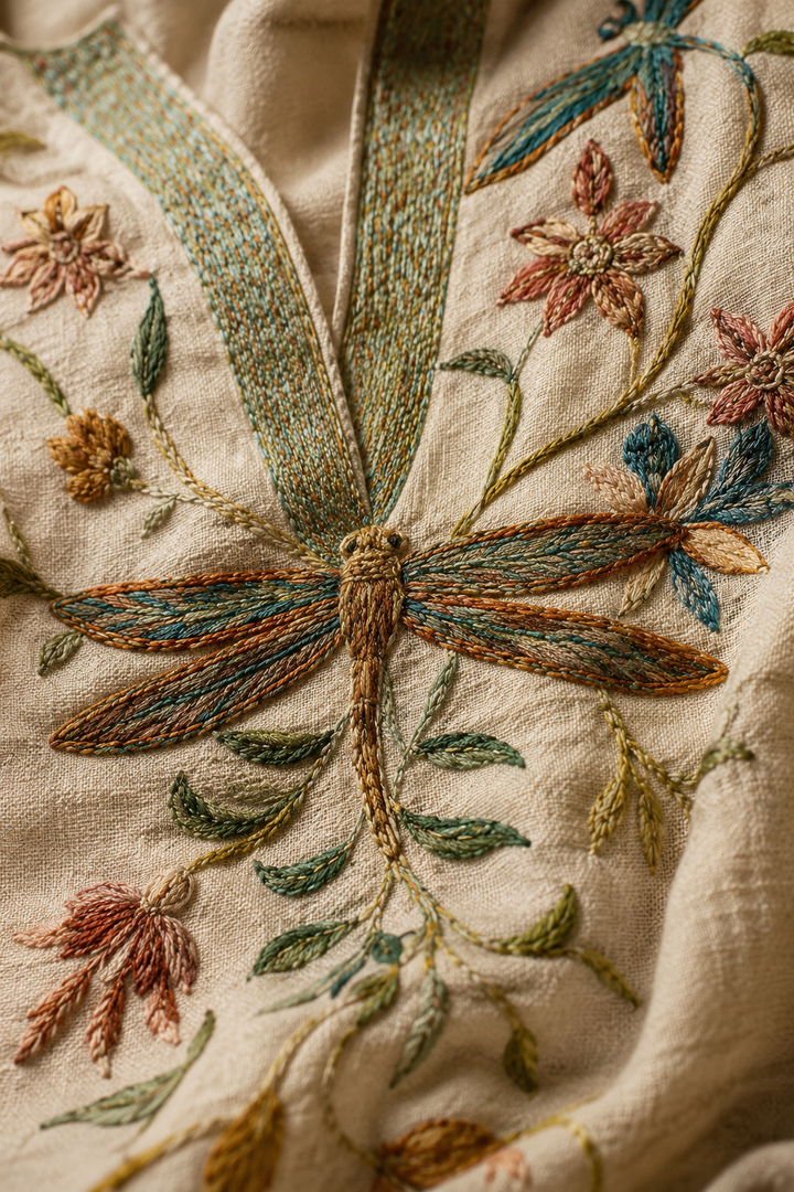 Boho Dragonfly Embroidered Linen Blouse