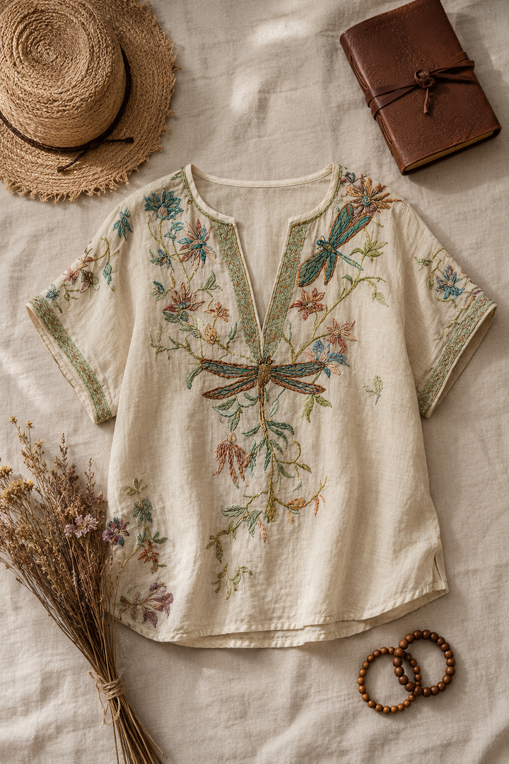 Boho Dragonfly Embroidered Linen Blouse