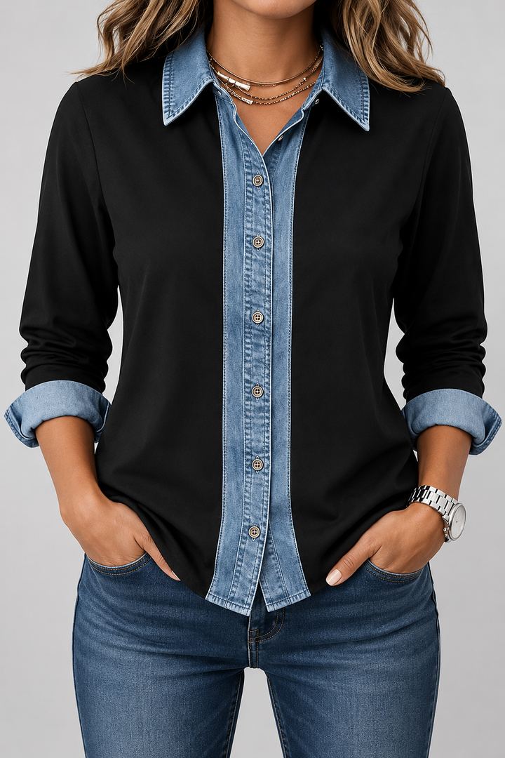 Women's Two-Tone Denim Trim Button-Up Shirt