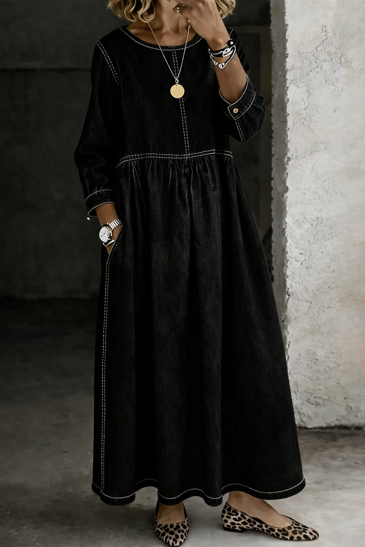 Women's Round Neck Long Sleeve Denim Dress