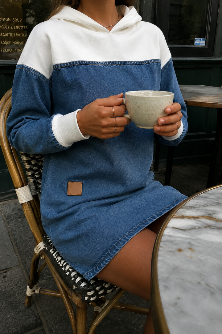 Women's Denim Patchwork Hooded Dress with Dropped Shoulders