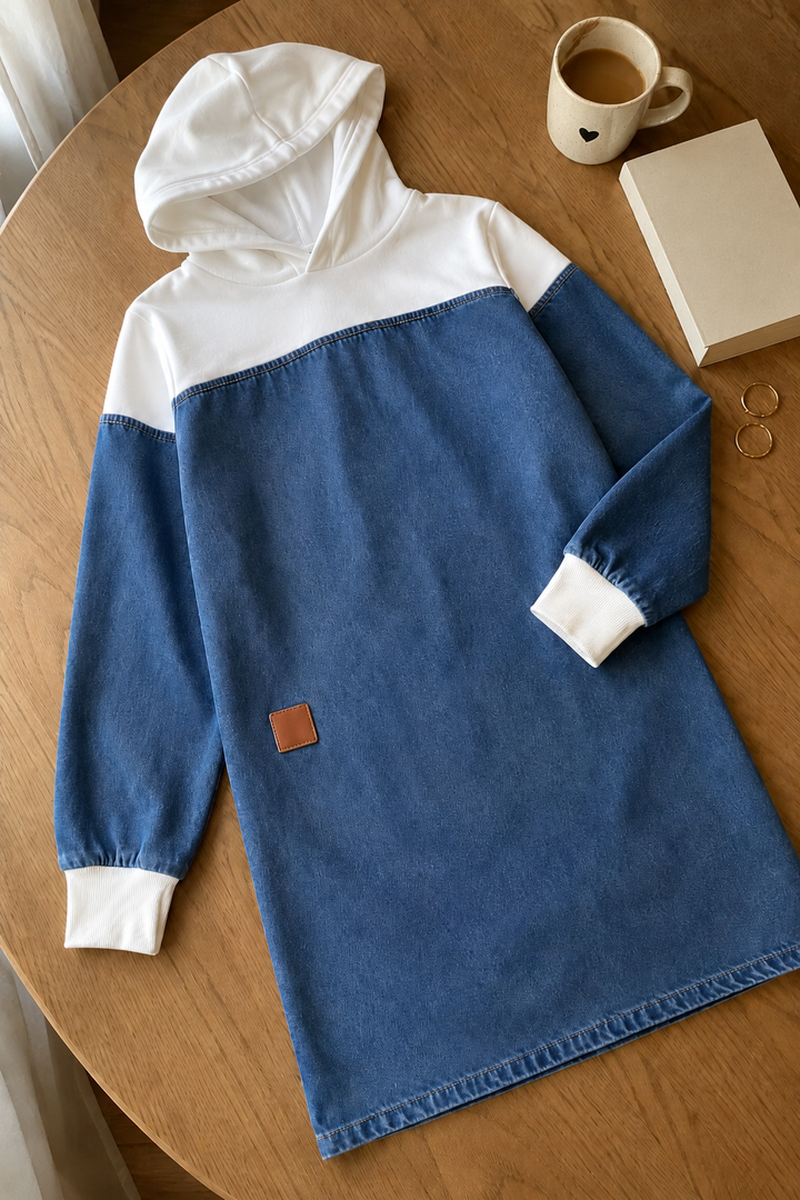 Women's Denim Patchwork Hooded Dress with Dropped Shoulders