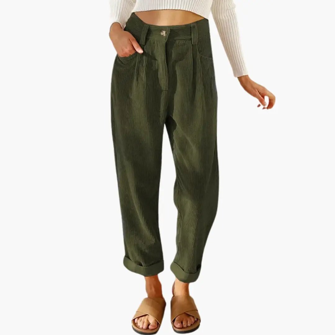 Women's Corduroy Pants with Waistband and Front Closure