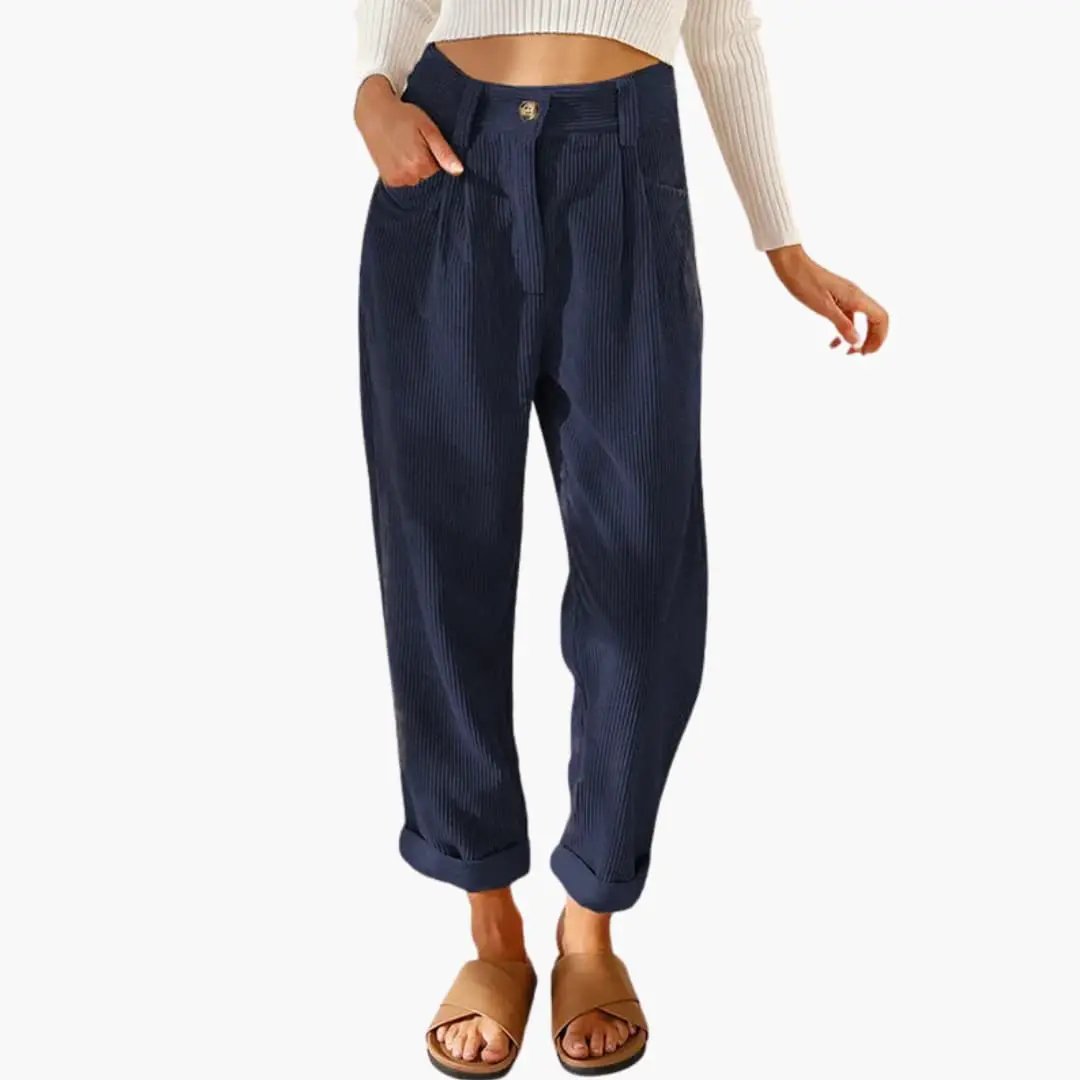 Women's Corduroy Pants with Waistband and Front Closure