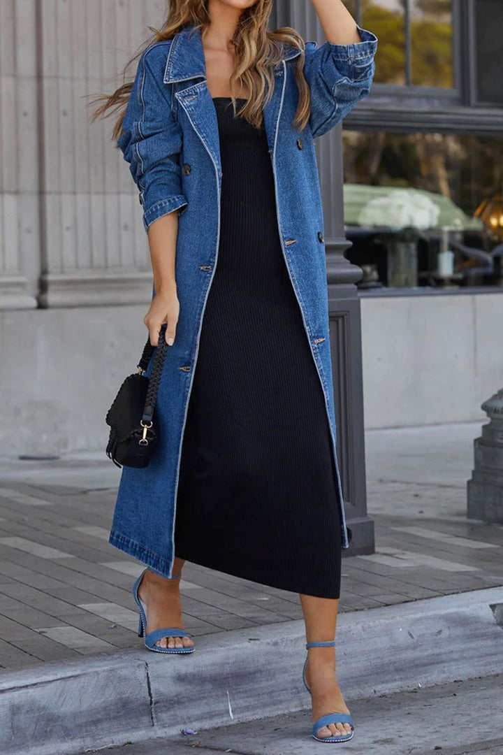 Maite | Double-breasted denim trench coat with straps