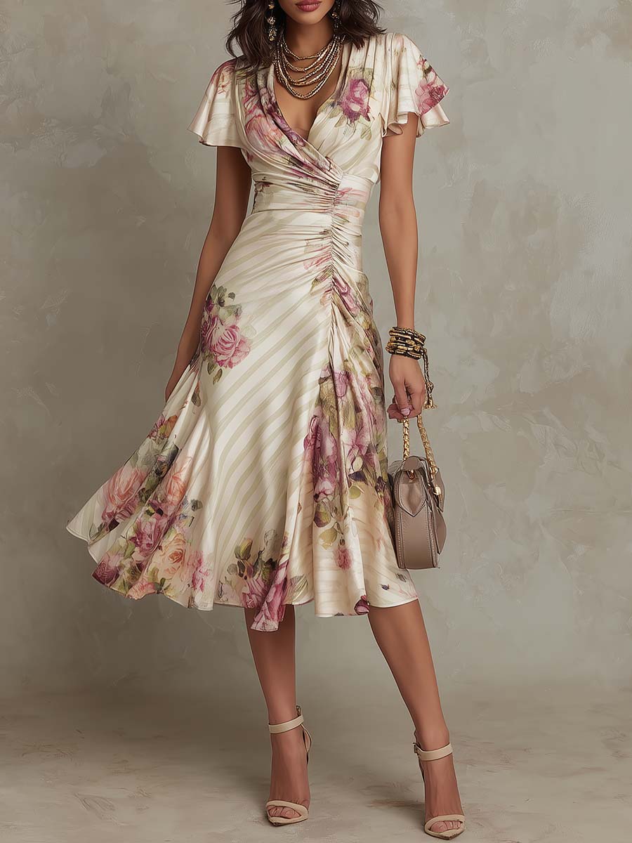 Women's Stylish Wrap Floral Printed Midi Dress