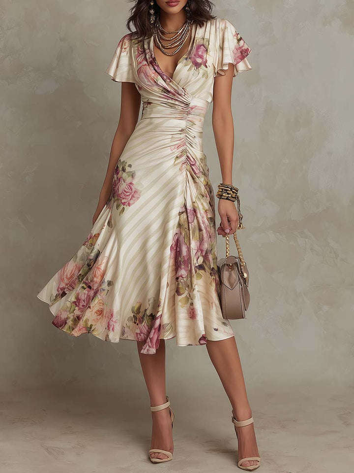 Women's Stylish Wrap Floral Printed Midi Dress