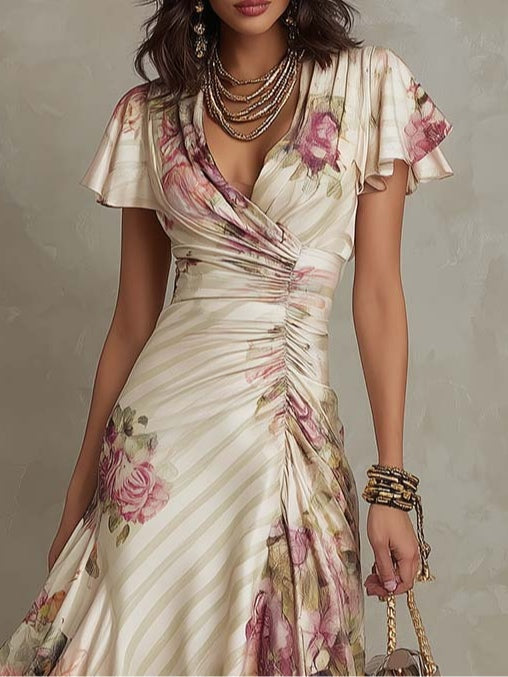 Women's Stylish Wrap Floral Printed Midi Dress