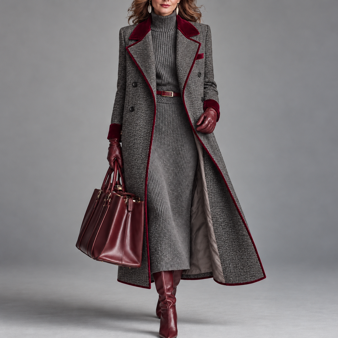 Winifred | Women's Herringbone Wool Long Coat with Velvet Trim
