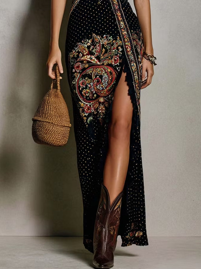 Women's Bohemian-Style Printed Dress with Deep V-Neck and High Slit