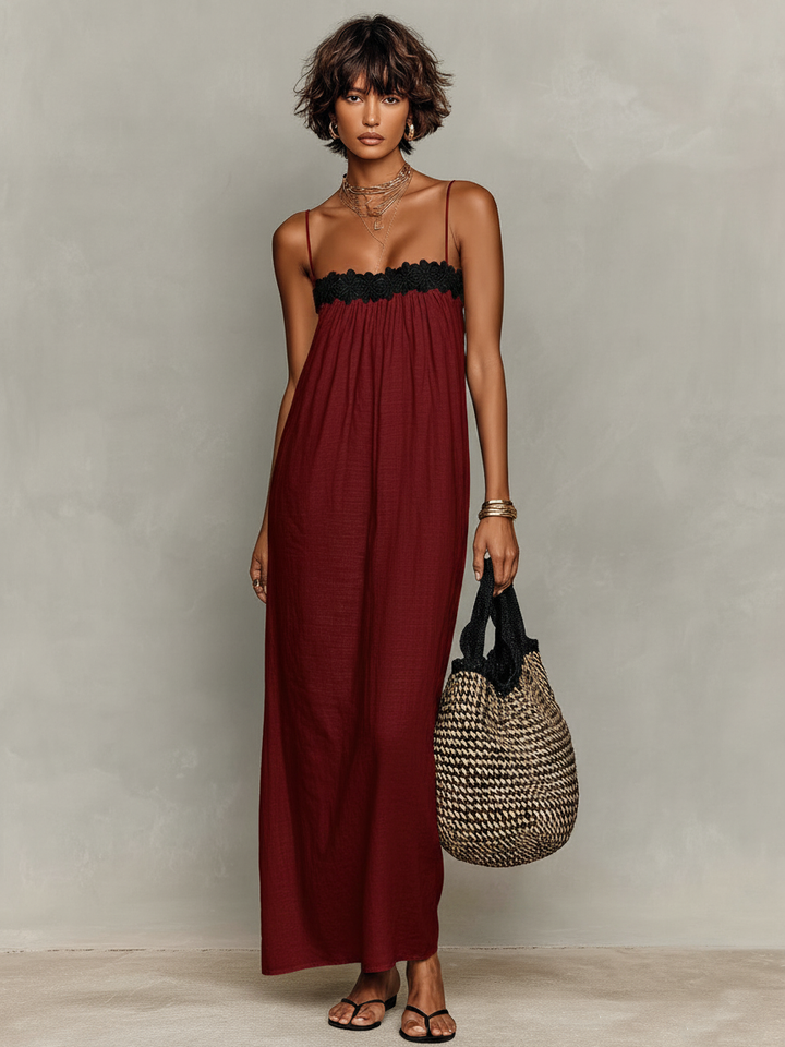 Minimalist Linen Blend Lace-Paneled Maxi Dress