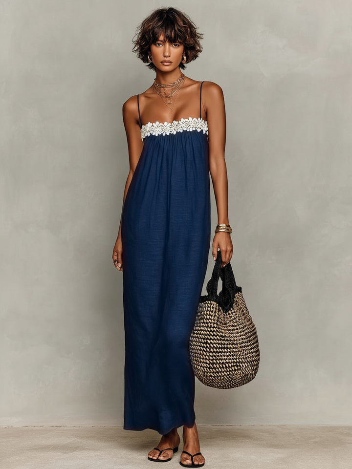 Minimalist Linen Blend Lace-Paneled Maxi Dress