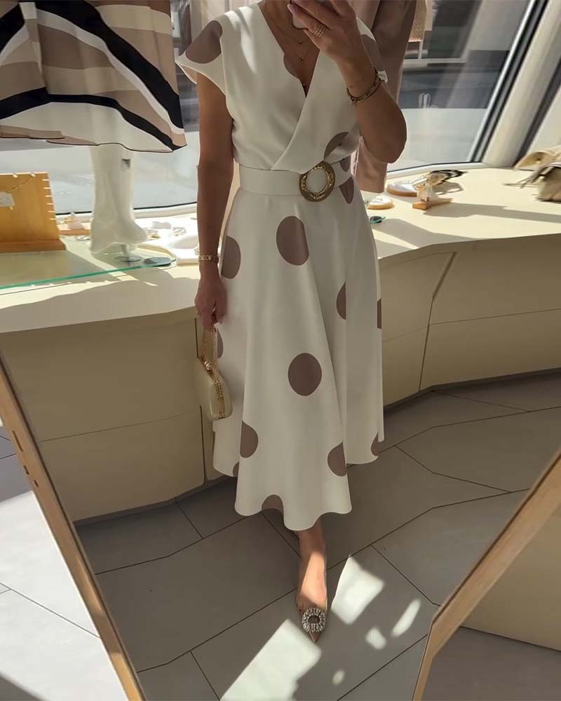 Women's Polka Dot Fitted V-Neck Dress