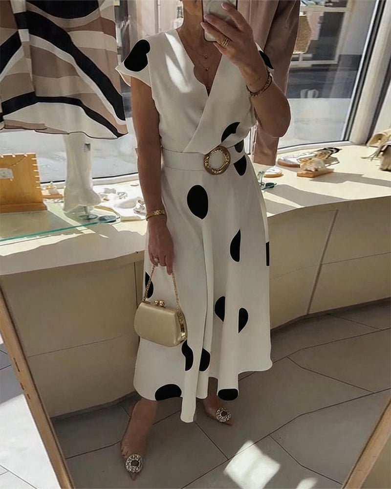 Women's Polka Dot Fitted V-Neck Dress