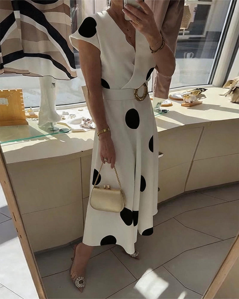 Women's Polka Dot Fitted V-Neck Dress