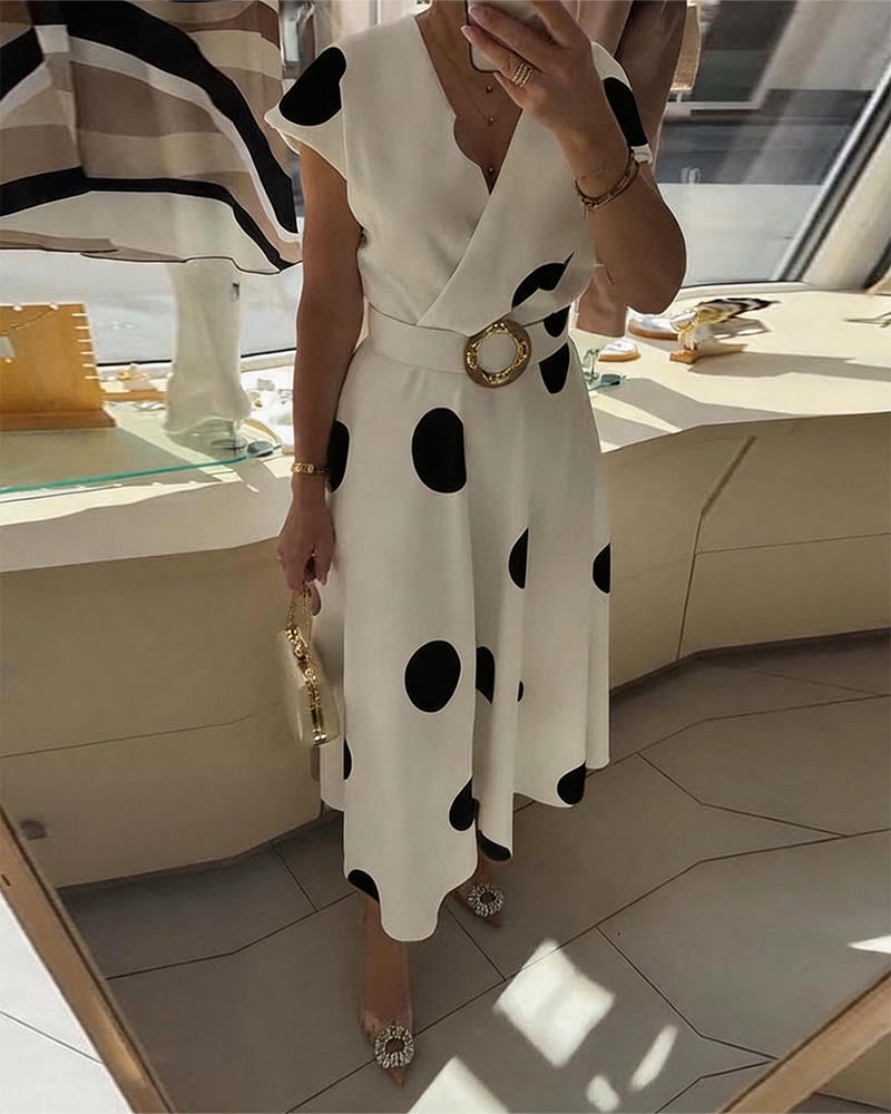 Women's Polka Dot Fitted V-Neck Dress