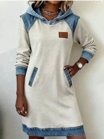 Denim Patchwork Hooded Dress with Dropped Shoulders