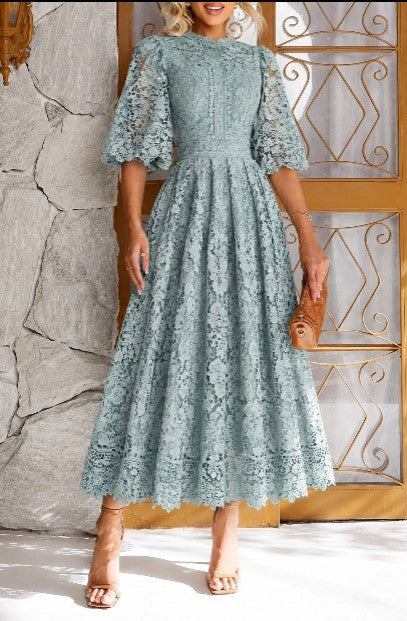 Women's Lantern Sleeve Stylish A-Line Midi Dress