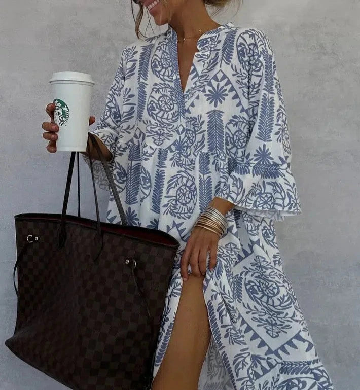Women's Boho Patterned Long Sleeve Mini Dress