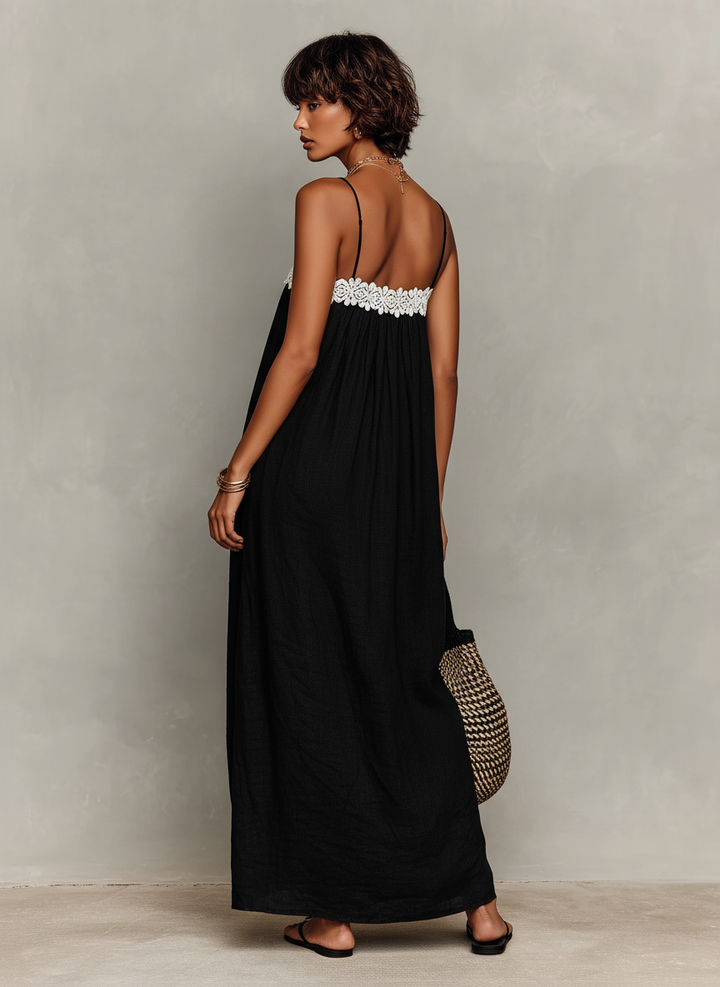 Minimalist Linen Blend Lace-Paneled Maxi Dress