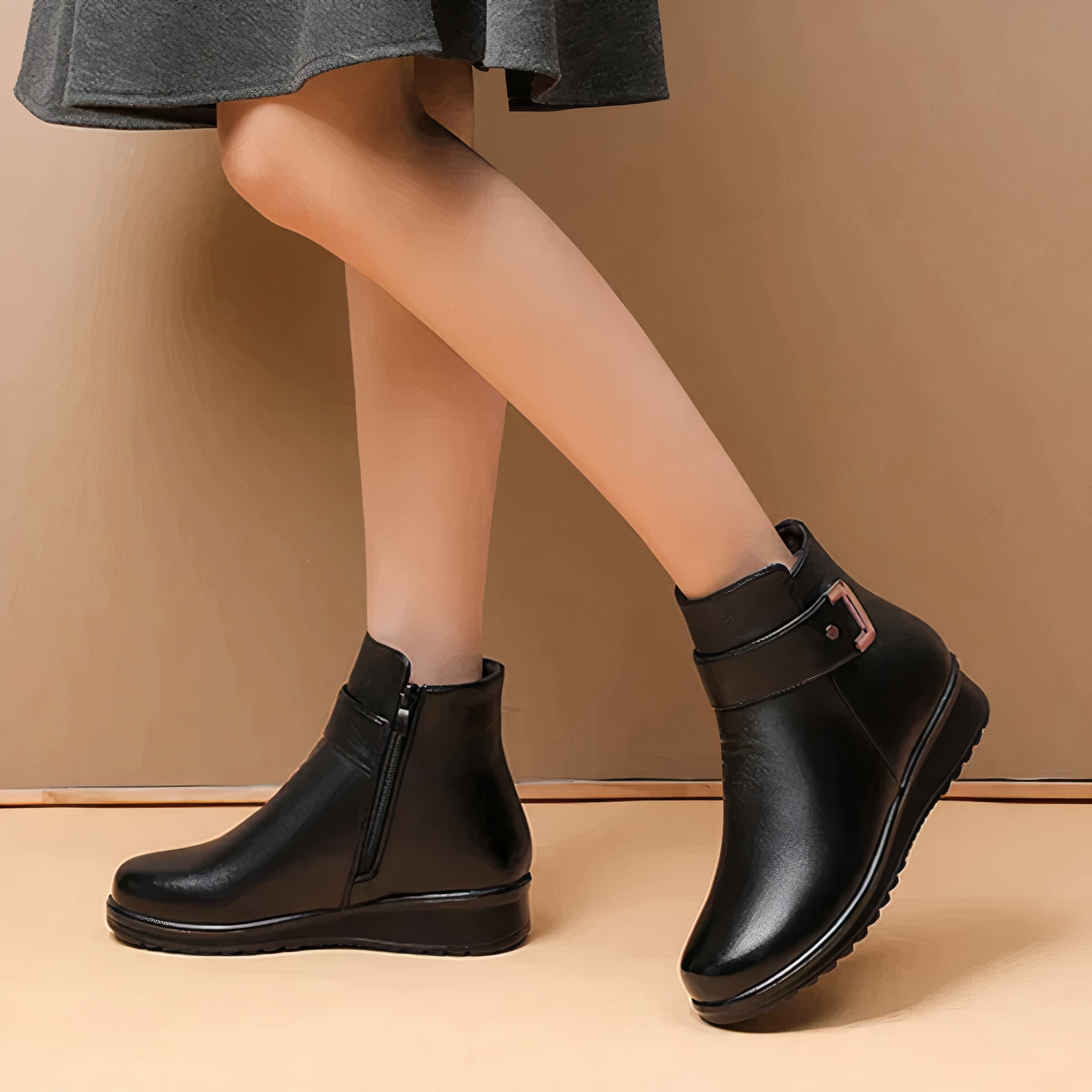 Women's cozy ankle boots with buckle strap