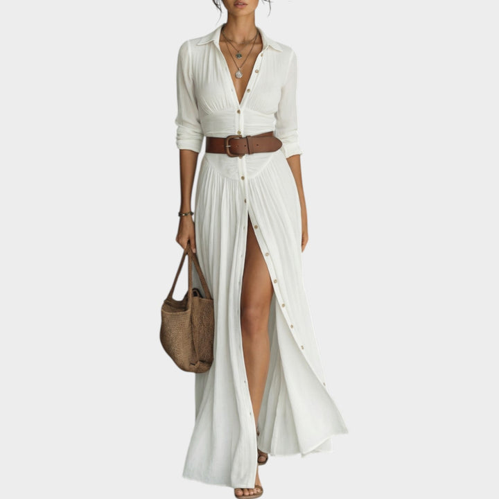 Women's Long-Sleeved Maxi Dress with Button Placket