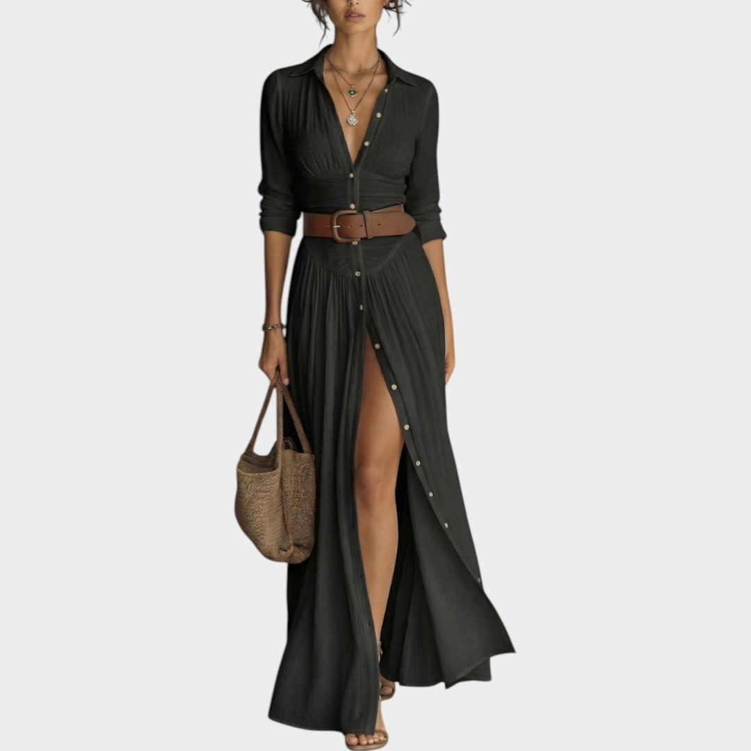 Women's Long-Sleeved Maxi Dress with Button Placket